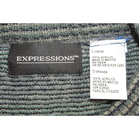 Vintage Expressions Gray Green Striped Acrylic Knit Sweater Size L Naturecore - Picture 8 of 9